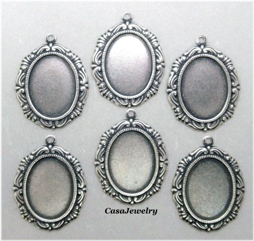 Sterling Plated Bordered Bezels with Hang Rings - Set of 6