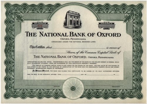 Oxford National Bank Stock Certificate (Pennsylvania)