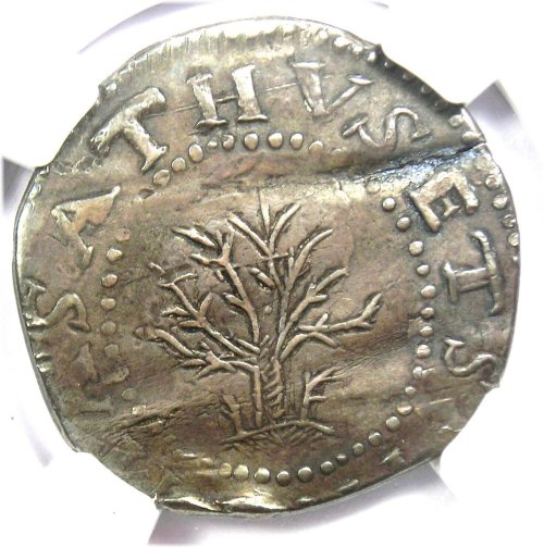 Massachusetts Oak Tree Silver Shilling - Certified NGC AU Detail
