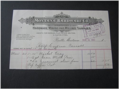 Montana Hardware Mining Supplies - Butte Billhead Document (1903)