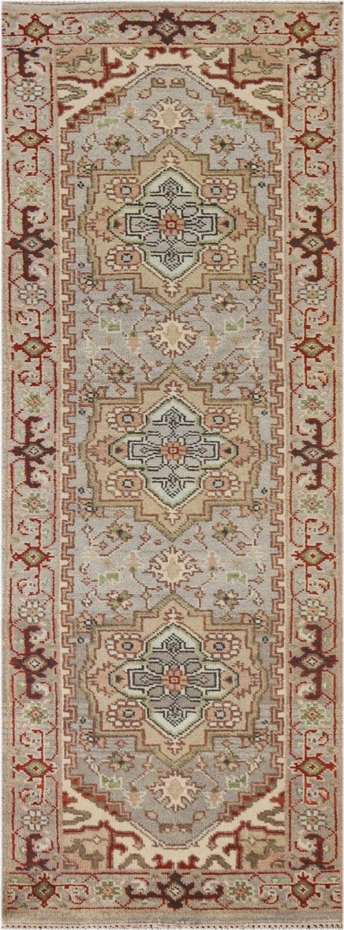 Gray Wool Hand-Knotted Indian Heriz Serapi Runner