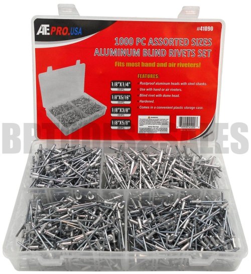 Aluminum Rivet Assortment Set (1000 pieces, 1/8") for Hand and Air Riveters