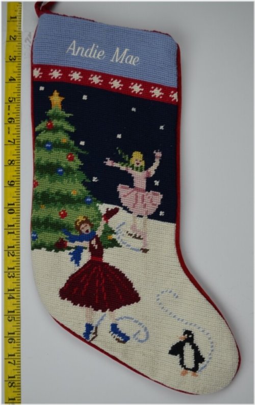 Frosty Skaters Wool Needlepoint Stocking