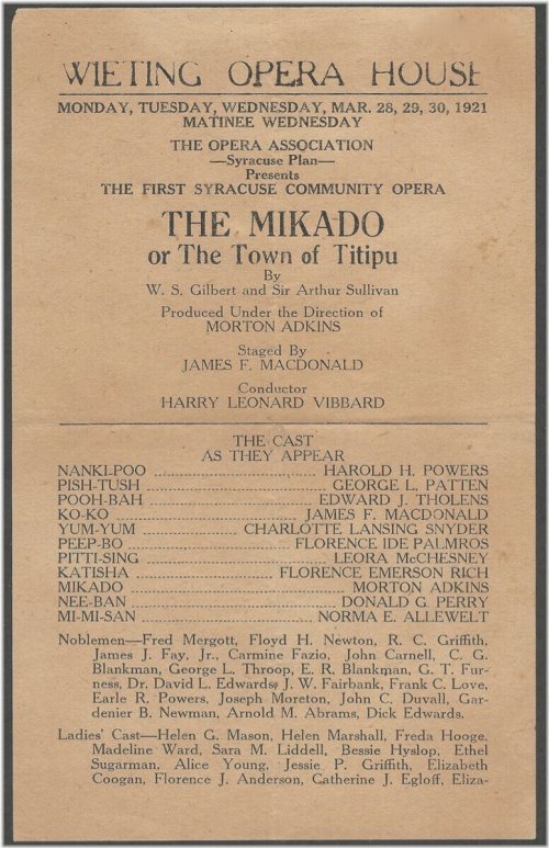 The Mikado Handbill from Wieting Opera House 1921