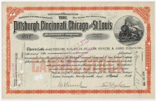 Pittsburgh Cincinnati Chicago & St Louis Railroad 1917 Stock Certificate