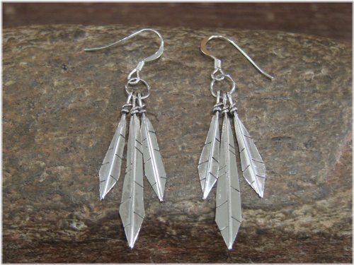 Southwest Feather Silver Dangle Earrings