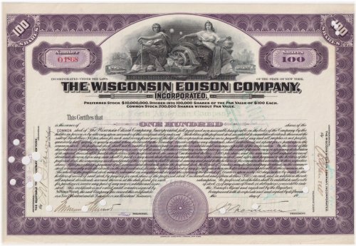 Wisconsin Edison Vintage Stock Certificate