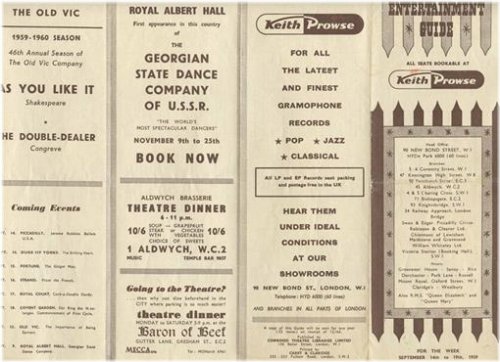 London Theatre Schedule 1959 by Keith Prowse Entertainment Guide