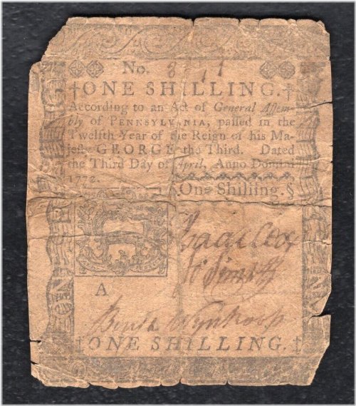 Pennsylvania Colonial Shilling Note - April 3, 1772