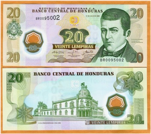 Polymer 20 Lempiras Banknote from Honduras