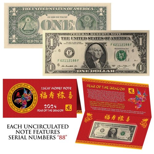 Dragon Lunar New Year US $1 Bill with Red Folder - Serial Number 88