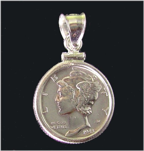 Mercury Dime Coin Pendant with Sterling Silver Bezel