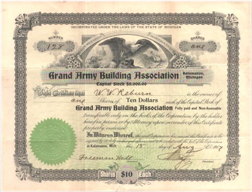 Grand Army Building Association Kalamazoo Stock Certificate