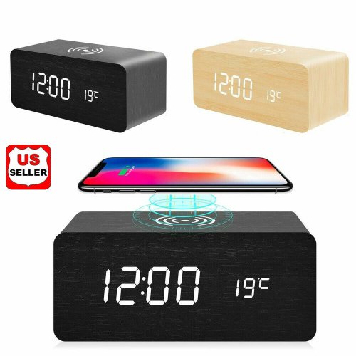 Wooden LED Desk Clock with Wireless Charging and Temperature Display