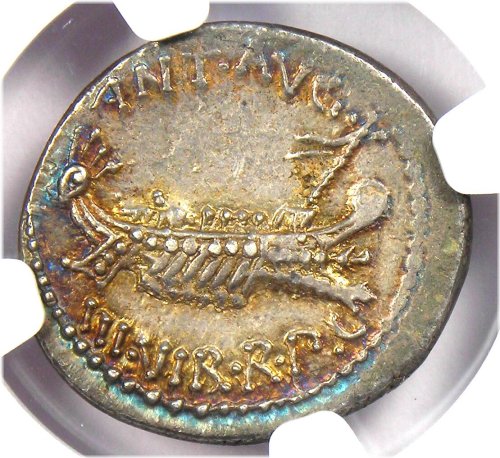Silver Galley Denarius Coin of Marc Antony (32 BC) - Certified NGC Choice XF