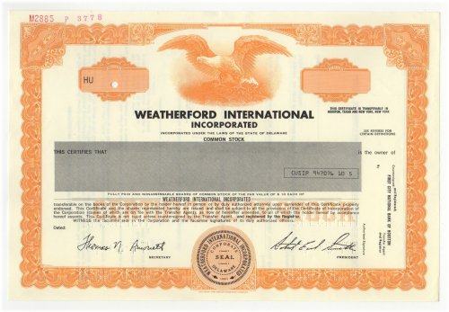 Weatherford International Incorporated Stock Certificate