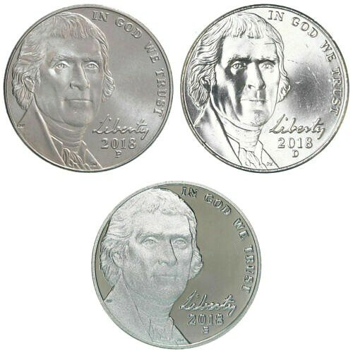 Jefferson Nickel Trio Set - 2018 Gem Uncirculated & Proof Coins