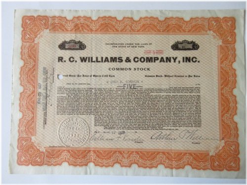 Antique R. C. Williams & Co Stock Certificate