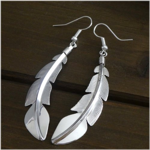 Southwestern Silver Feather Drop Earrings