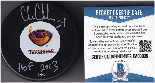 Chris Chelios "HOF 2013" Signed Atlanta Thrashers Licensed Logo Puck
