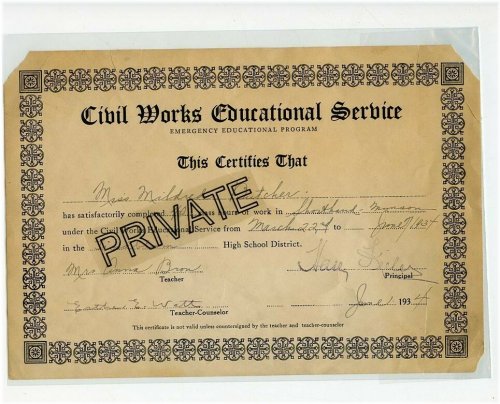 1934 Civil Works Educational Service Certificate - Mildred Butcher - Young Lady
