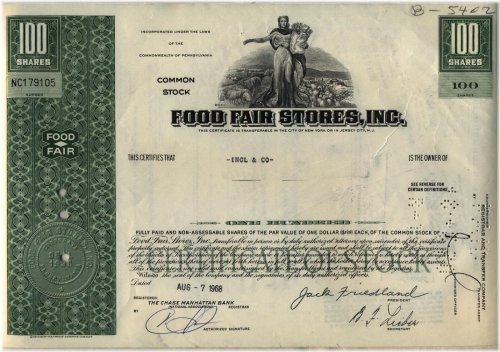 Pennsylvania Food Fair Stores Stock Certificate