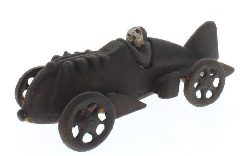 Antiqued Cast Iron Racer Toy Car with Moving Wheels and Driver