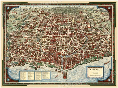 Chicago Panoramic Map Print - 1930s Vintage Style, 18x24 Size