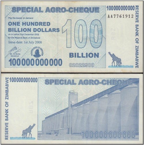 Zimbabwe Agro Cheque, 100 Billion, 2008, P-64, Used