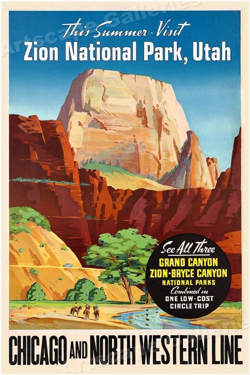 Zion National Park 1950s Vintage Style Travel Poster - 16x24 Print