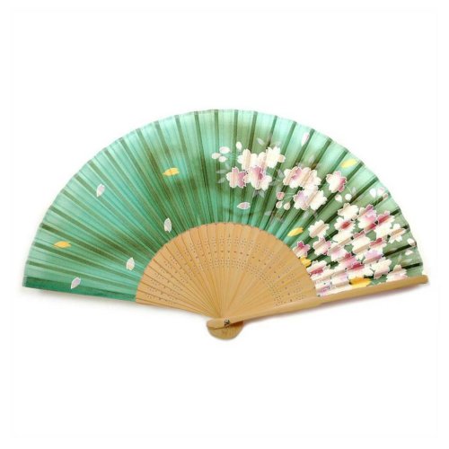 Green Spring Blossoms Silk Hand Fan