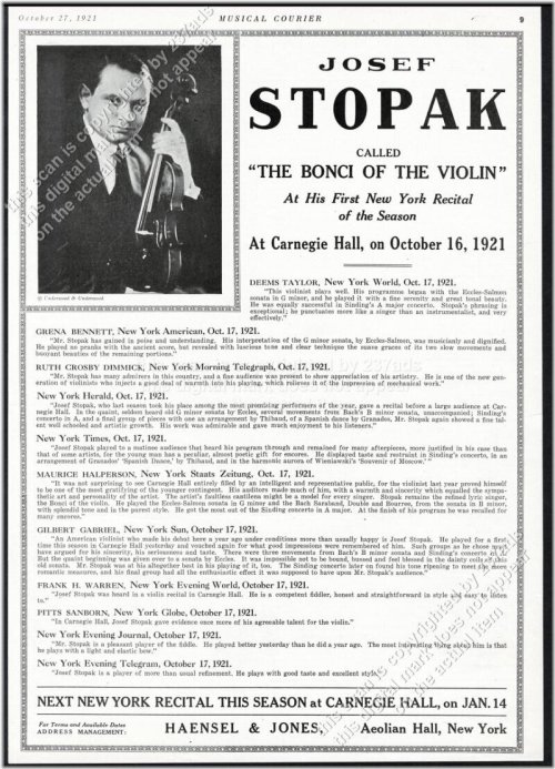 Melodic Memories: Vintage Trade Print Ad for Josef Stopak's 1921 Violin Recital Tour