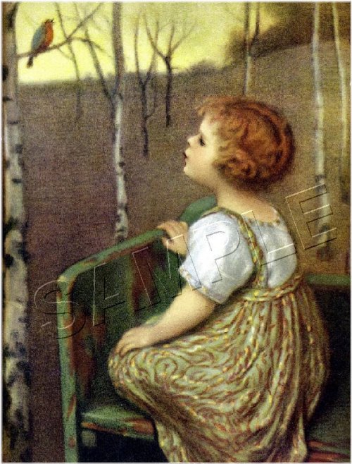 Melodic Moments" Vintage Art Print of a Blind Girl, Robin Bird and Blossoming Tree on Canvas