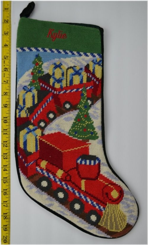 Needlepoint Toy Train Christmas Stocking - Monogrammed Kylie