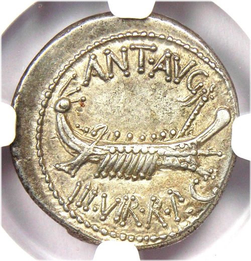 Marc Antony Silver Galley Denarius Coin - 32 BC