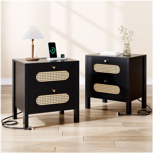 Rattan Charging Station Bedside Tables