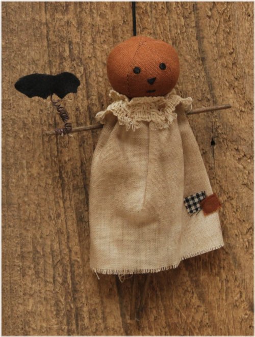 Rustic Pumpkin Girl Doll with Bat - Aged Fabric Craft