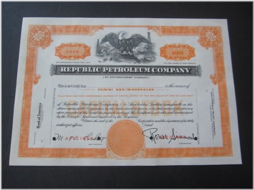 Vintage Republic Petroleum Specimen Certificate