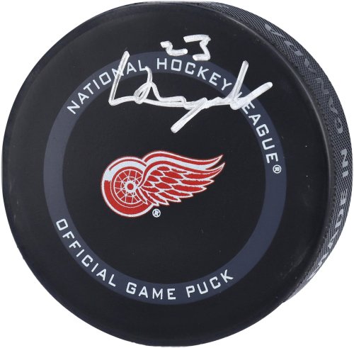 Lucas Raymond Autographed Red Wings Game Puck