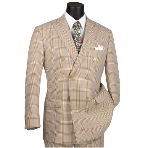 Beige Glen Plaid Double Breasted Classic Fit Suit by VINCI