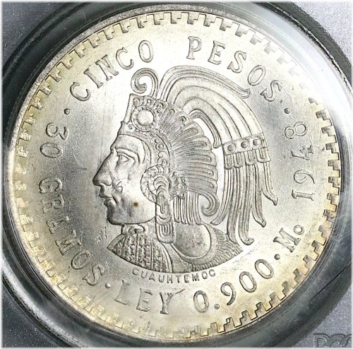 Cuauhtémoc Aztec Emperor 5 Pesos Coin - 1948 PCGS MS 66