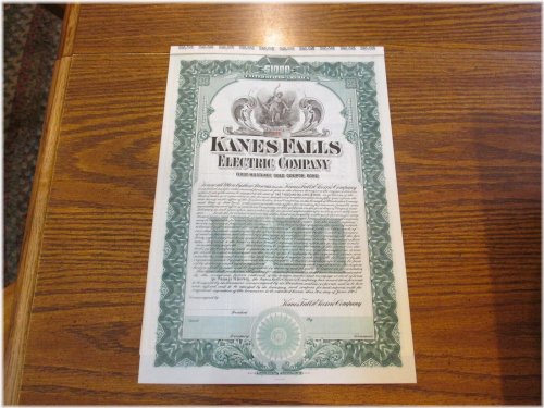 Kanes Falls Electric Company Gold Bond Certificate Lot AQ