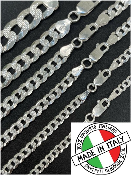 Flat Miami Curb Chain Necklace in Solid 925 Silver with Diamond Cut Finish