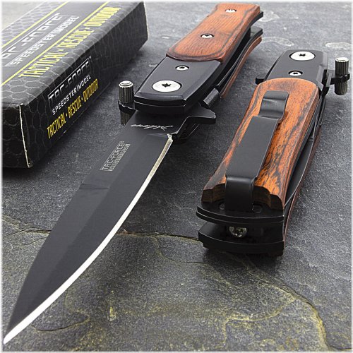 TimberStrike Spring-Open Folding Knife - 7" Tactical Blade with Wood Handle