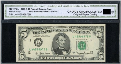 Mismatched Serial Number Error 1977 $5 San Francisco FRN Note