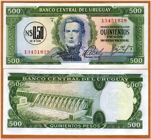 Uruguay 0.5 Nuevos Pesos on 500 Pesos Banknote, 1975