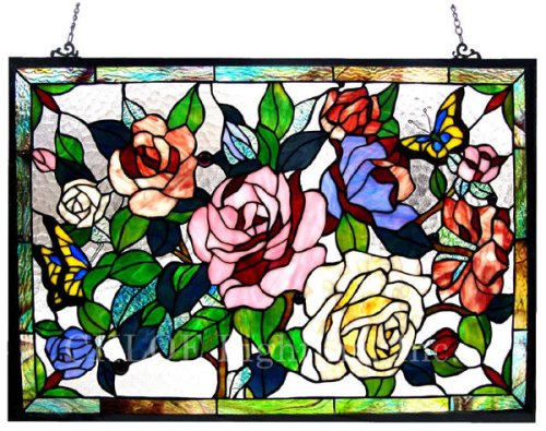 Butterfly & Roses Floral Stained Glass Panel
