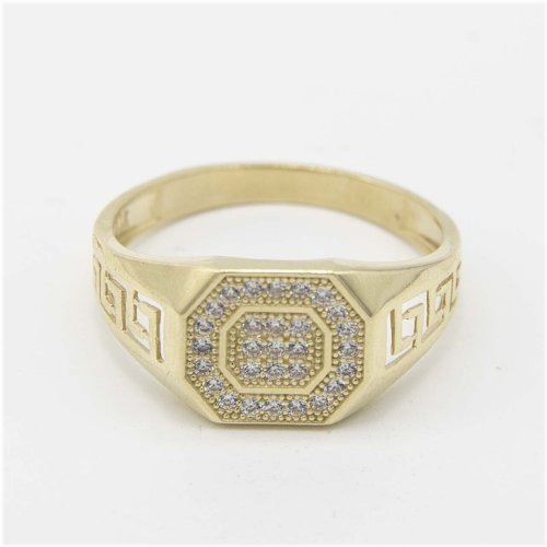 Greek Octagon Ring in Solid 10K Yellow Gold with CZ Stone (All Sizes)