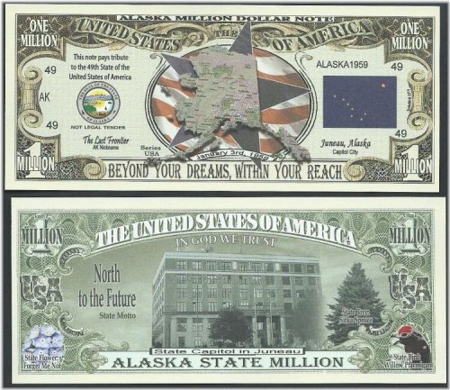 Alaska State Million Dollar Bill Collection with Map, Seal, Flag, and Capitol Design