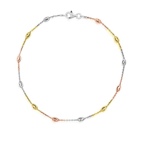 Tri-Color Diamond Cut Station Oval Moon Anklet